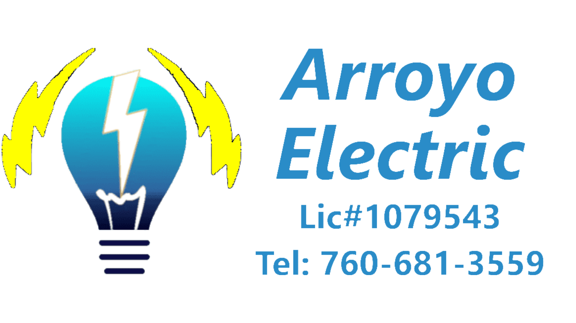 Logo for Arroyo Electric featuring a light bulb with a lightning bolt and yellow accents, listing license number 1079543 and phone number 760-681-3559.